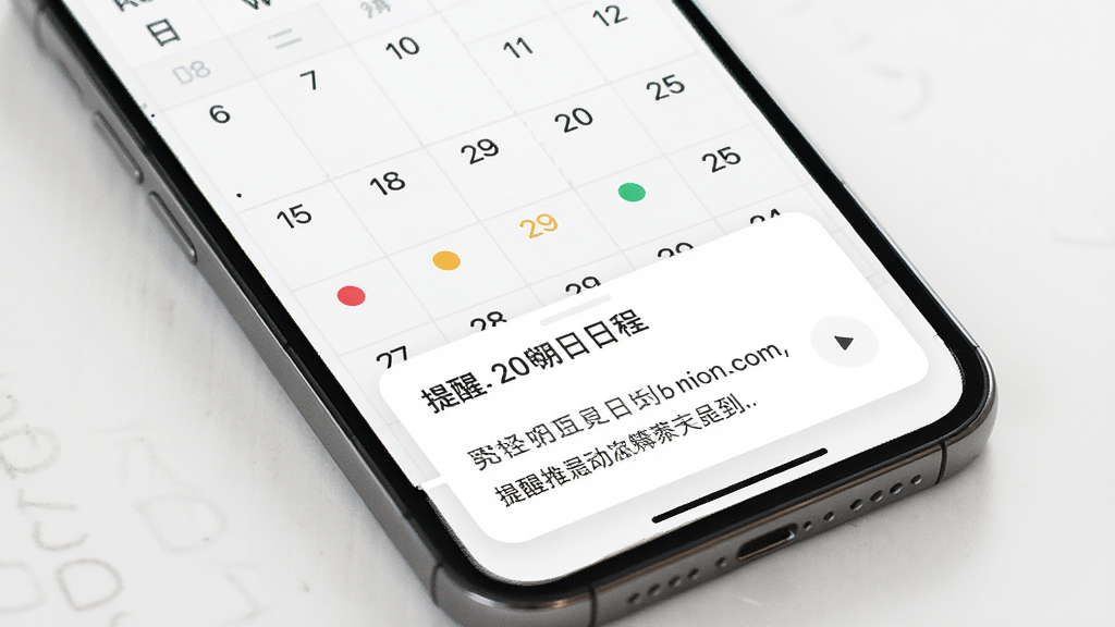 一张展示极简日历日程提醒功能的图片,主体是手机屏幕,日历上某个日期下方有彩色圆点标记,点击后弹出日程详情卡片,布局清晰,风格简约,细节上突出提醒时间和日程内容,画质高清干净,无多余元素
