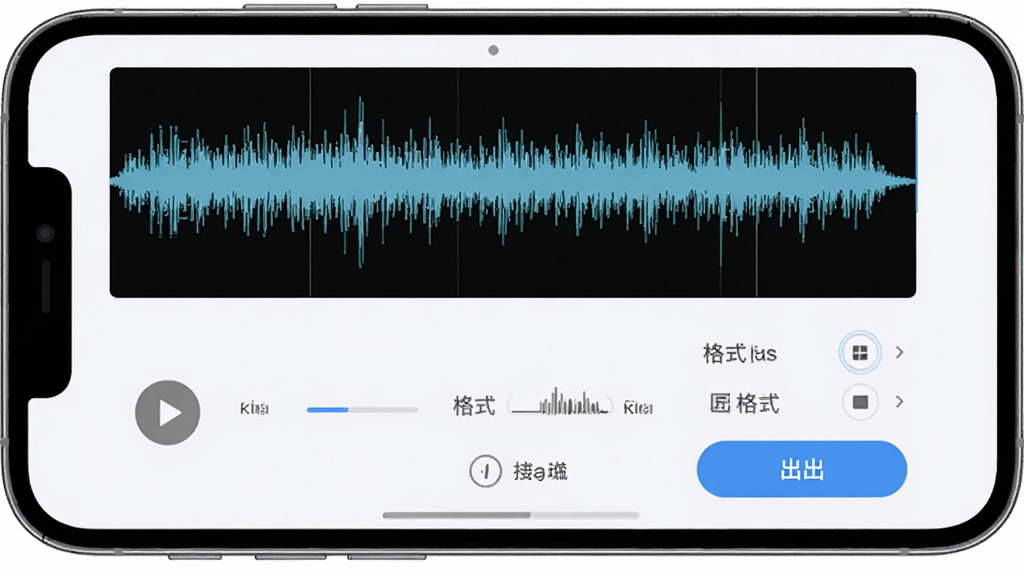 影匠工具箱音频提取功能界面,主体为手机屏幕显示音频波形图与格式选择列表,布局为上下结构,排版清晰,风格为简约浅色设计,细节包含波形显示、播放按钮、格式选项、导出按钮,画质高清,干净,无多余元素