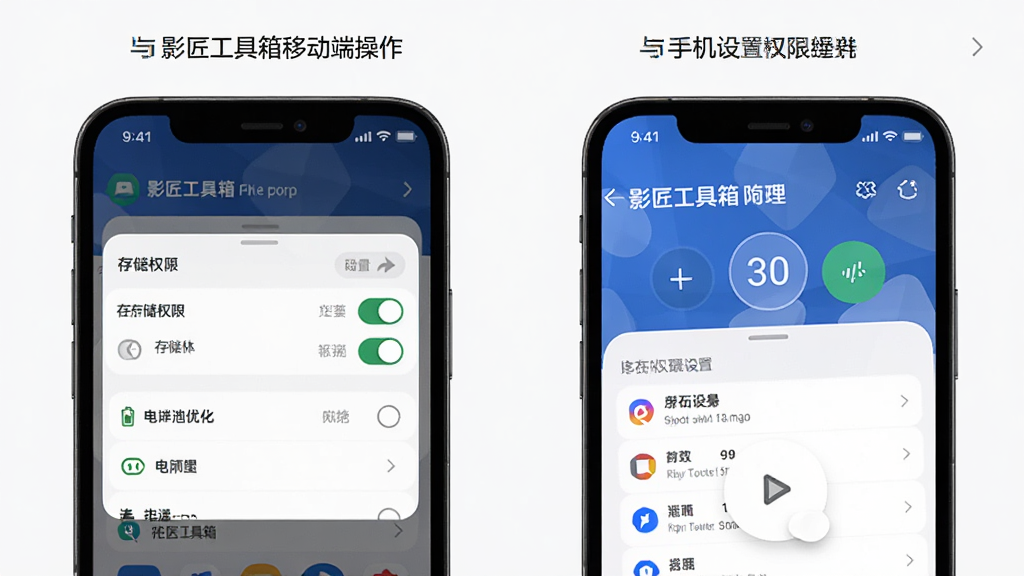 影匠工具箱移动端操作界面与手机设置权限页面组合展示,主体为手机屏幕中应用权限管理界面与软件功能页,布局为左右并排,排版清晰,风格为写实截图风,细节包含存储权限开关、电池优化选项、软件主界面,画质高清,干净,无多余元素