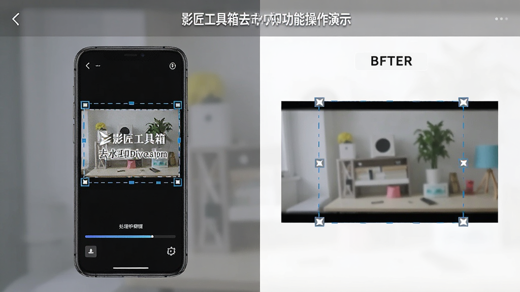 影匠工具箱去水印功能操作演示,主体为手机屏幕中视频画面与去水印选框,布局为左右对比展示处理前后效果,排版清晰,风格为写实科技风,细节包含水印区域框选、处理进度条、预览画面,画质高清,干净,无多余元素