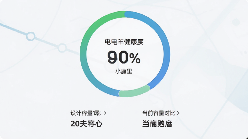 一张电池健康度检测软件评估结果页面的图片,画面主体为圆形进度条显示电池健康度百分比,下方列出设计容量与当前容量对比数据,背景为浅色简约风格,排版清爽,细节清晰,画质高清,干净无多余元素