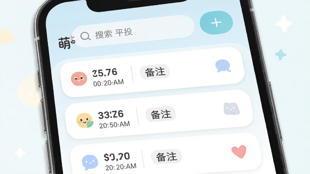 萌投记账功能界面示意图,手机屏幕显示“萌投”记账列表,每条记录包含金额、时间、备注文字和分类图标,顶部有搜索框和新增按钮,界面采用圆角卡片设计,风格柔和清新,布局清晰,画质干净,无多余元素