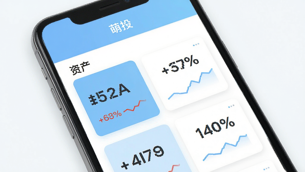 萌投资产总览页面界面设计图,手机屏幕中显示“萌投”标题栏,下方为资产卡片区域,卡片内包含数字金额、涨跌百分比与迷你趋势线,整体配色以浅蓝和白色为主,风格清爽商务,布局整齐,细节锐利,画质干净,无多余装饰元素