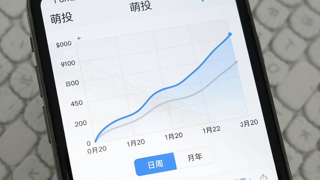 萌投收益走势图表界面展示,手机画面中呈现“萌投”应用内的折线图区域,横轴为日期、纵轴为收益数值,曲线平滑上升,背景为浅灰网格,图表下方有日周月年切换按钮,风格极简清爽,细节清晰,画质干净,无杂乱元素