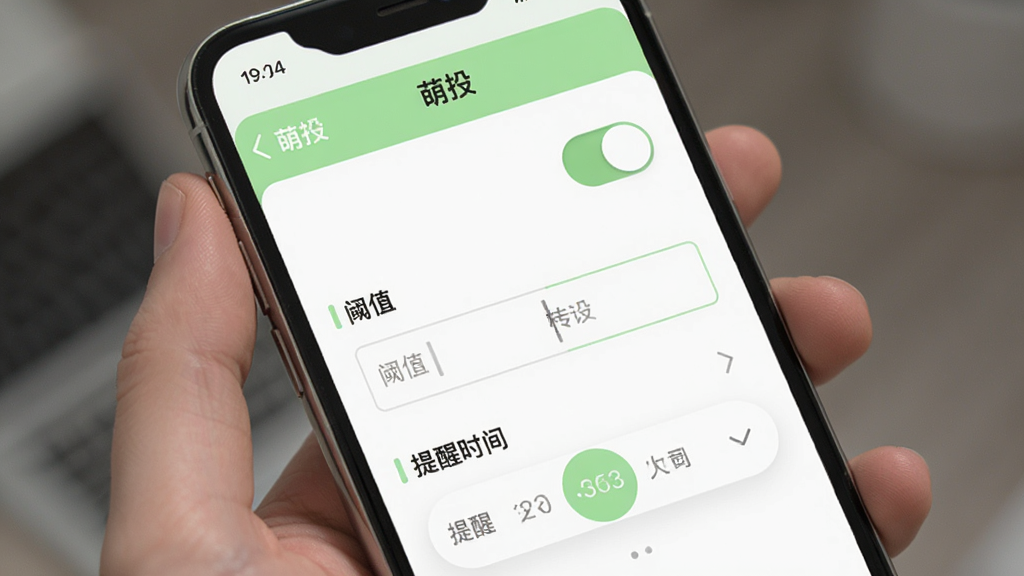 萌投消息提醒设置界面,手机屏幕展示“萌投”通知设置页面,包含开关按钮、阈值输入框和提醒时间选择器,界面配色以白色和浅绿色为主,风格简洁实用,布局规整,细节清楚,画质干净,无多余装饰
