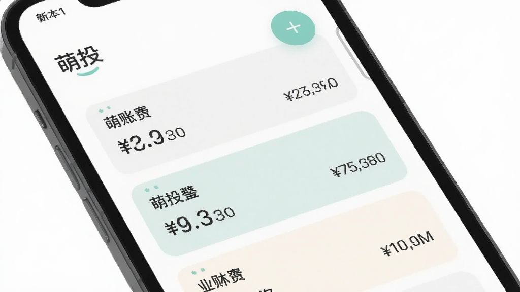 萌投多账本管理界面,手机屏幕中显示“萌投”账本切换面板,多个账本卡片纵向排列,每个卡片有名称和汇总金额,右上角有新增按钮,整体风格素雅极简,配色清淡,布局清晰,画质干净,无多余元素