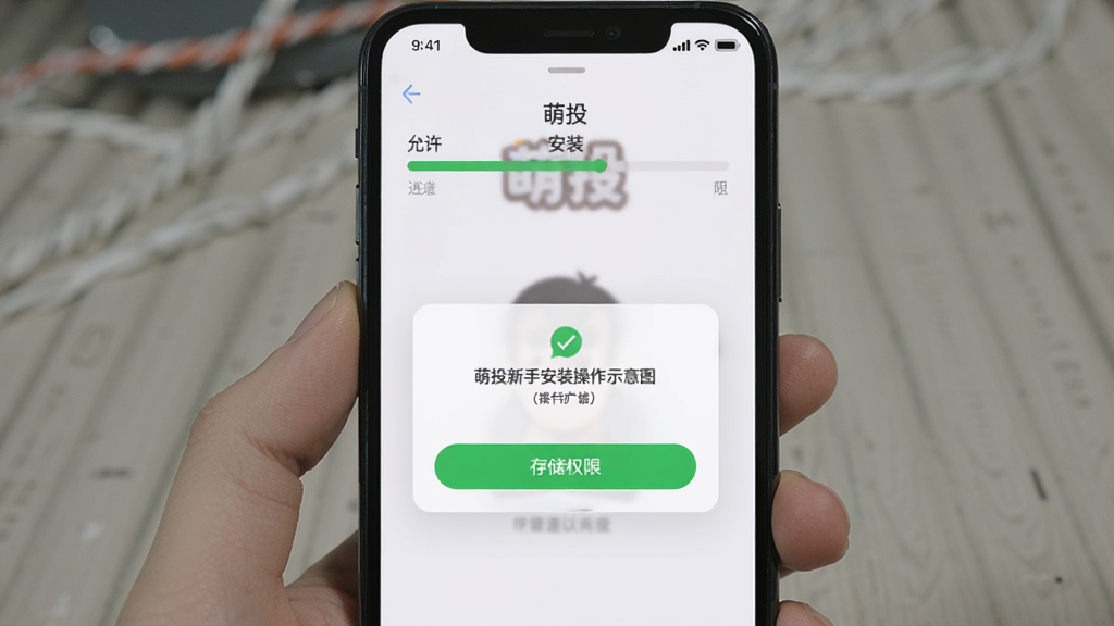 萌投新手安装操作示意图,手机屏幕展示“萌投”安装进度条与权限授权弹窗,界面包含允许通知和存储权限按钮,背景为浅色系统界面,风格写实清晰,布局直观,细节明确,画质干净,无多余元素