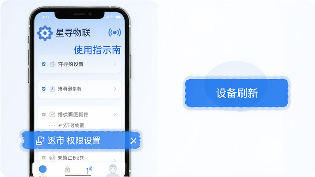 主体为星寻物联使用指南示意图,布局为手机屏幕与操作步骤并列,排版为左右结构左侧展示权限设置右侧展示设备刷新按钮,风格为清爽扁平风,细节包含齿轮图标、网络信号标识与蓝色提示条,画质清晰干净无多余元素