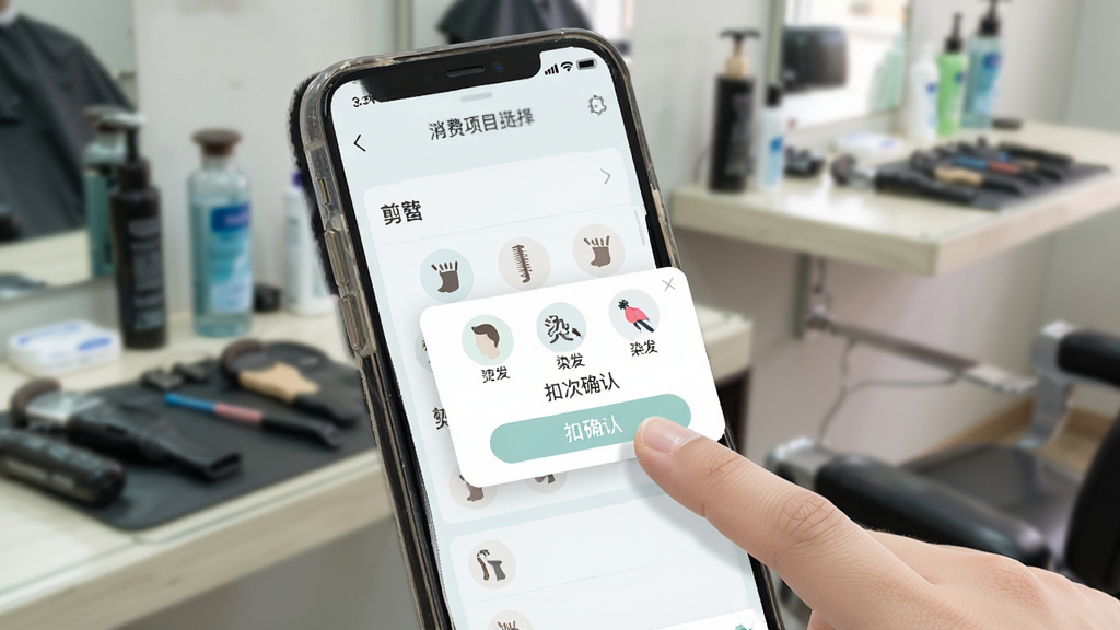 一张展示理发会员宝消费扣次操作界面的手机样机图,画面中手机屏幕显示消费项目选择列表和扣次确认弹窗,有剪发、烫发、染发等图标,背景是理发店工作台场景虚化,风格为清爽浅色UI,细节包括手指点击屏幕的动作,画质清晰,干净,无多余元素