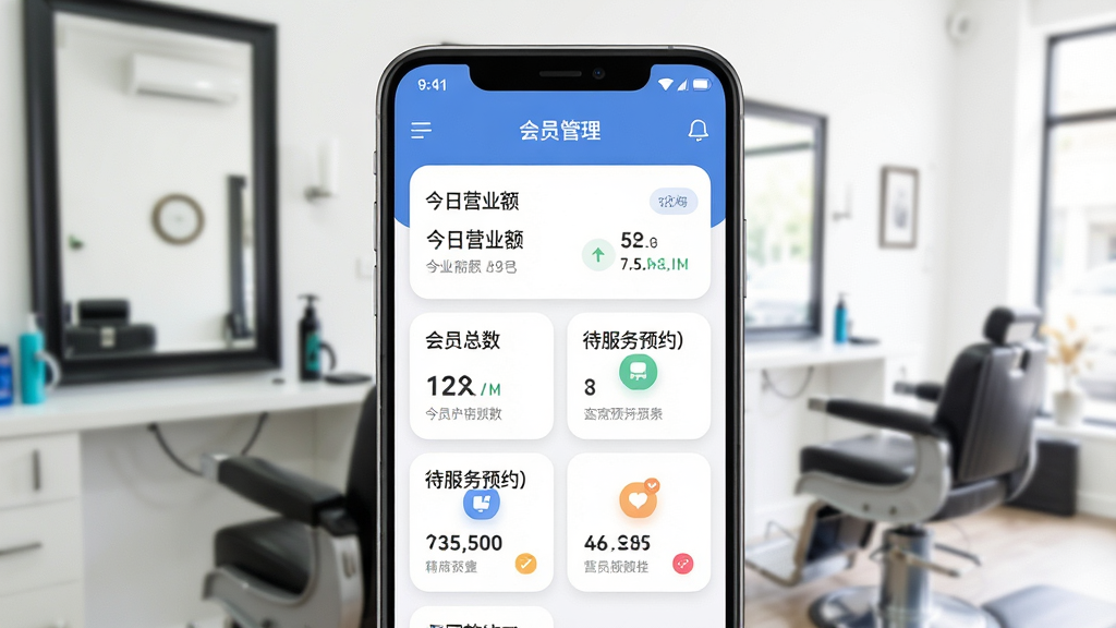 一张展示理发会员宝软件主界面的手机样机图,画面中央是一部竖屏安卓手机,屏幕内显示会员管理仪表盘,包含今日营业额、会员总数、待服务预约等卡片,背景是干净明亮的理发店环境,有镜子和理发椅虚化在后方,风格为现代扁平化UI设计,细节包括圆角图标和柔和阴影,画质清晰,干净,无多余元素