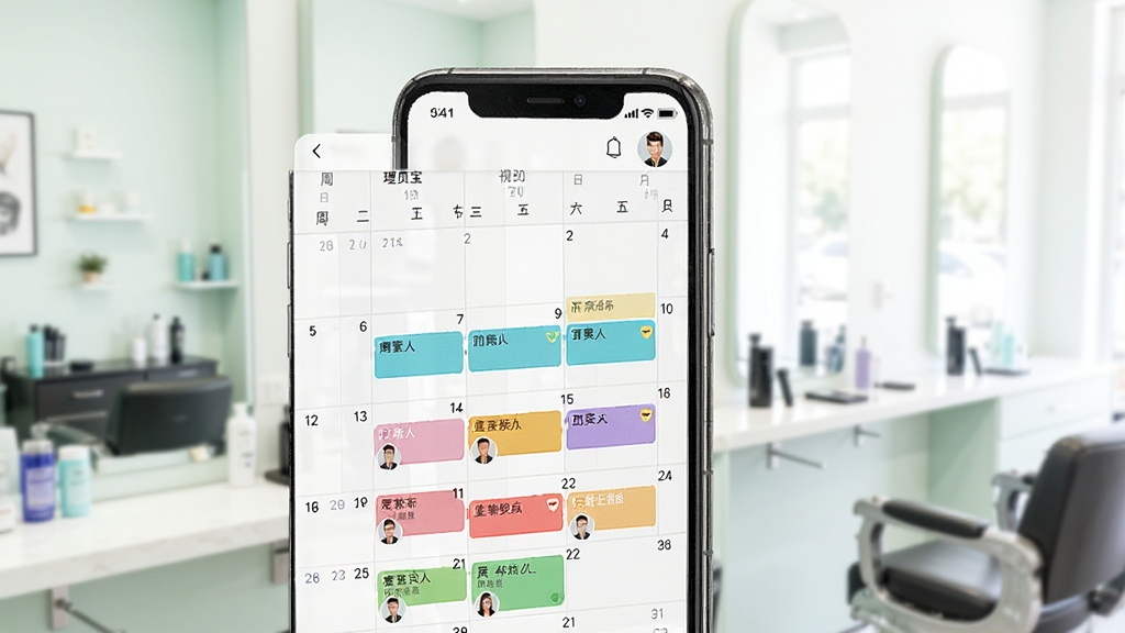一张展示理发会员宝预约排班日历界面的手机样机图,画面中手机屏幕显示周视图日历,不同时间段有彩色预约块和顾客姓名,背景是明亮的理发店前台,风格为清新浅色设计,细节包括日历网格和发型师头像,画质清晰,干净,无多余元素