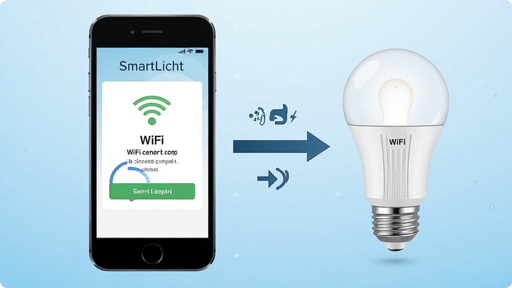 SmartLicht安装配置流程图,画面展示一部手机与一个智能灯泡之间的连接示意图,手机屏幕上显示着WiFi连接成功与设备添加完成的提示界面,背景为简洁的浅蓝色渐变,风格为信息图表风,细节包含箭头指示与图标,画质清晰,无多余元素