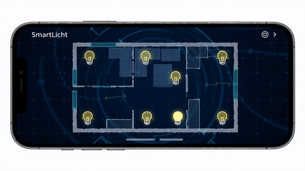 SmartLicht远程控制界面图,画面展示一部手机横屏显示,屏幕上是一个房间的平面图,图中分布着多个灯光图标,部分图标亮起表示开启状态,背景为深蓝色科技感网格,风格为数据可视化风,细节清晰,画质干净,无多余元素