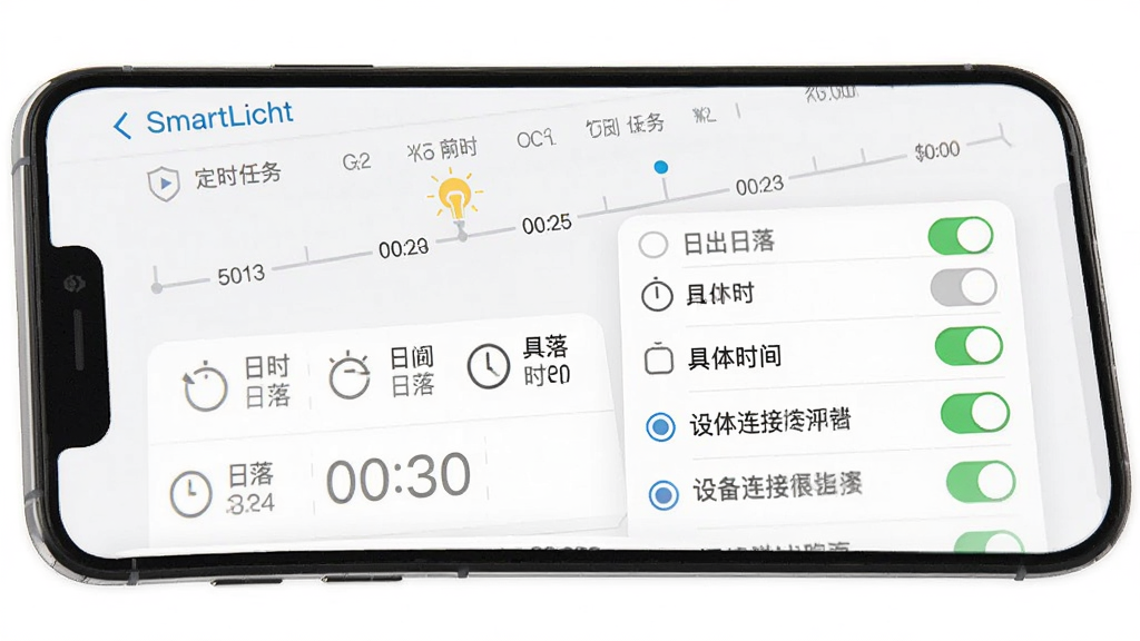 SmartLicht定时任务设置界面图,手机屏幕显示着时间轴与条件选择列表,包含日出日落、具体时间、设备连接等选项,界面布局清晰,风格为商务简约风,细节可见开关按钮与时间数字,画质清晰,无多余元素