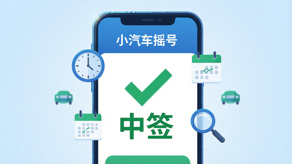 一幅数字插画,画面中央是一部智能手机,手机屏幕上显示“小汽车摇号”应用的查询结果页面,页面中央有一个醒目的绿色对勾和“中签”字样,周围环绕着时钟、日历和放大镜等小图标,象征快速查询与结果确认。布局为居中构图,风格为扁平化科技风,色彩以蓝色和绿色为主,细节上手机边缘有光影效果,背景是柔和的渐变浅蓝色,画质高清,画面干净整洁,无多余装饰元素。