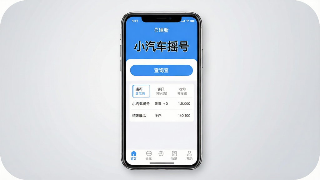 一张展示智能手机屏幕的图片,屏幕上显示着“小汽车摇号”应用程序的主界面,界面顶部有醒目的“小汽车摇号”标题文字,中间是查询按钮和结果展示区域,底部有导航栏。整体布局为竖版手机应用截图风格,采用清新简洁的蓝白配色,界面干净无多余元素,画质清晰,文字锐利可读,四周有轻微圆角边框,背景为浅灰色渐变,突出手机屏幕主体。