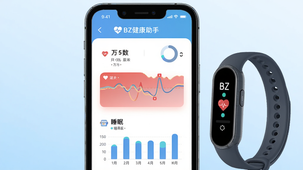 一款名为BZ健康助手的手机应用界面展示图,画面中央是一部智能手机,屏幕上显示着健康数据仪表盘,包含步数圆环、心率曲线和睡眠柱状图,手机旁边放置着一只智能手环,背景是干净的浅蓝色渐变,整体风格清爽现代,扁平化设计,画质清晰,无多余元素