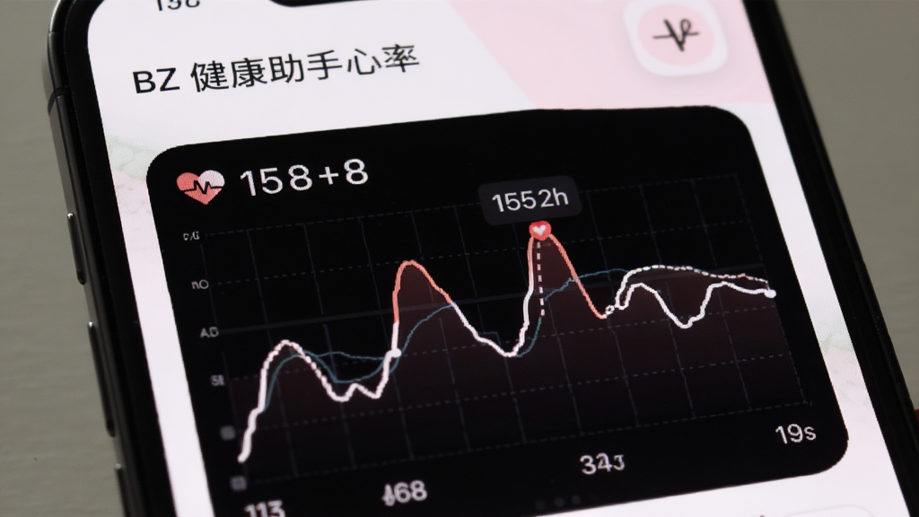 BZ健康助手心率监测界面展示图,画面主体为手机屏幕特写,屏幕上显示着心率变化曲线图,曲线呈波浪形起伏,旁边有心形图标和数字标注,背景是柔和的白色与淡粉色搭配,风格简约清新,画质清晰,无多余元素