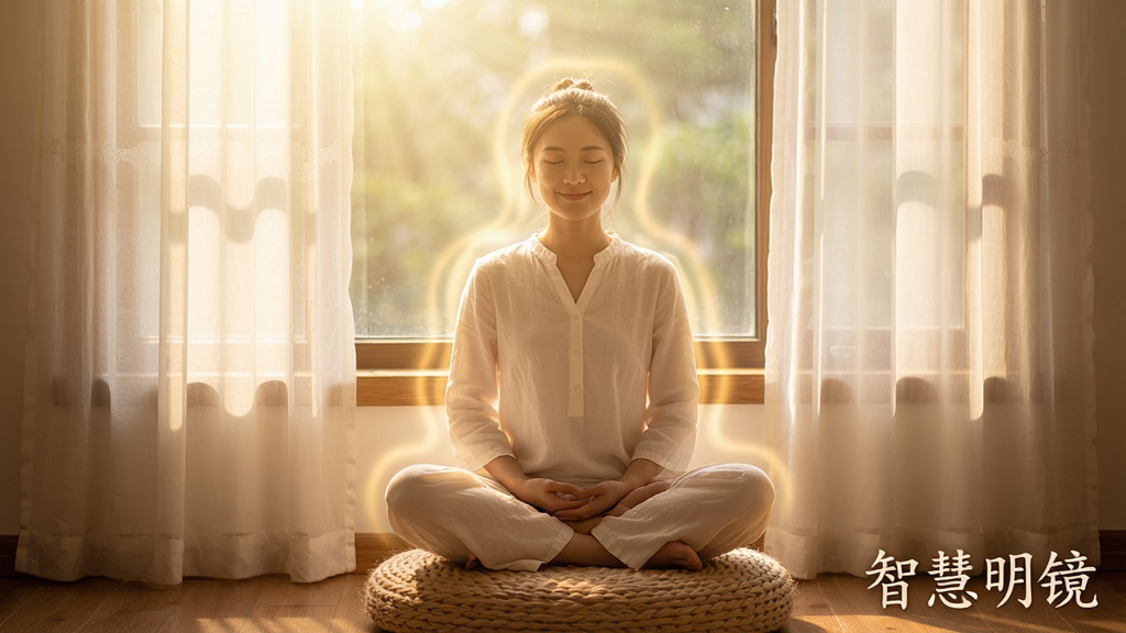 一位年轻女性闭眼盘坐在窗边的蒲团上,晨光透过纱帘洒在她身上,她面带平静的微笑,周围环绕着柔和的光晕,画面风格温暖宁静,细节精致,画质清晰,画面角落有文字“智慧明镜”