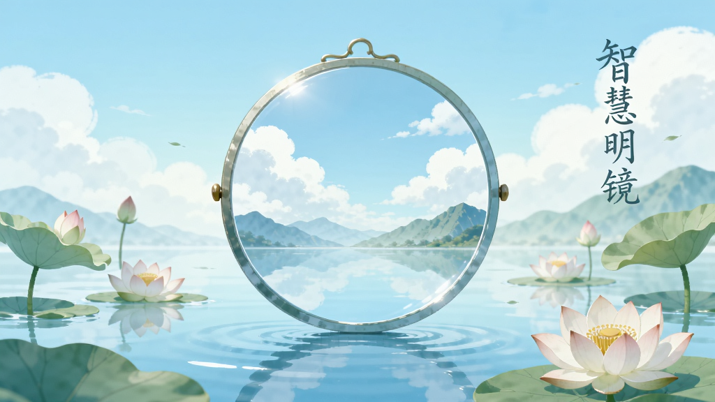 一张宁静的禅意风格插画,画面中央是一面清澈的圆形镜子悬浮在平静的水面上,镜子中倒映着蓝天白云和远山,水面周围漂浮着几朵莲花,整体色调以淡蓝、浅绿和白色为主,风格清新治愈,细节丰富,画质干净,无多余元素,画面中漂浮着文字“智慧明镜”