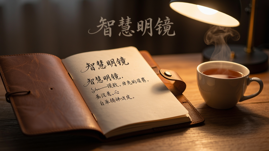 一本打开的皮质笔记本放在木质桌面上,旁边有一杯冒着热气的茶,笔记本页面上手写着几行优雅的文字,背景虚化处有柔和的台灯光,整体氛围安静温馨,画质细腻,画面中自然融入文字“智慧明镜”