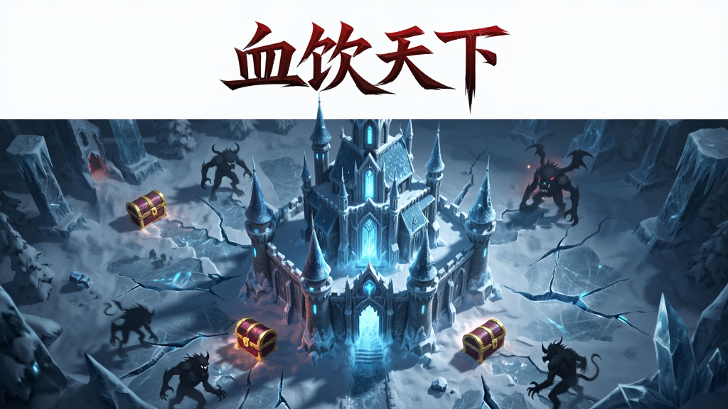 主体为冰雪覆盖的奇幻城堡场景,布局为远景俯视角度,城堡周围有多个发光宝箱与怪物剪影,排版上方留白用于展示