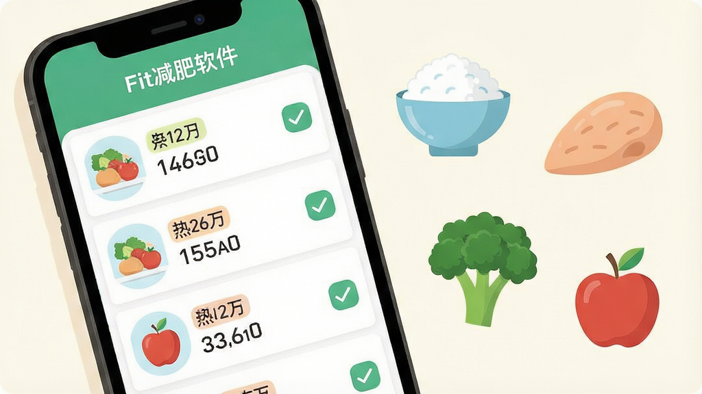 一幅展示Fit减肥软件饮食记录功能的AI生图,画面主体是一部手机屏幕特写,屏幕内呈现食物列表和热量数字,旁边散落着几种常见食物的扁平化插画,如米饭、鸡胸肉、西兰花、苹果,背景为柔和的米白色,风格为现代扁平插画,排版左侧为手机右侧为食物图标,细节包括热量数字标签和勾选按钮,画质清晰干净,无多余元素,手机屏幕上方显示“Fit减肥软件”字样