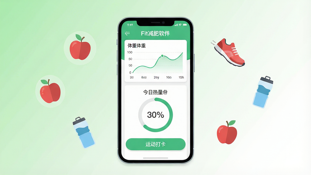 一张展示Fit减肥软件主界面的手机应用截图风格插画,画面中央是一部竖屏智能手机,屏幕内显示Fit减肥软件的首页仪表盘,包含体重曲线图、今日热量环形进度条和运动打卡按钮,背景为浅绿色与白色渐变的干净空间,手机周围漂浮着苹果、跑鞋、水杯等扁平化小图标,整体风格清新简约,排版居中对称,细节清晰,画质干净,无多余元素,文字标注“Fit减肥软件”