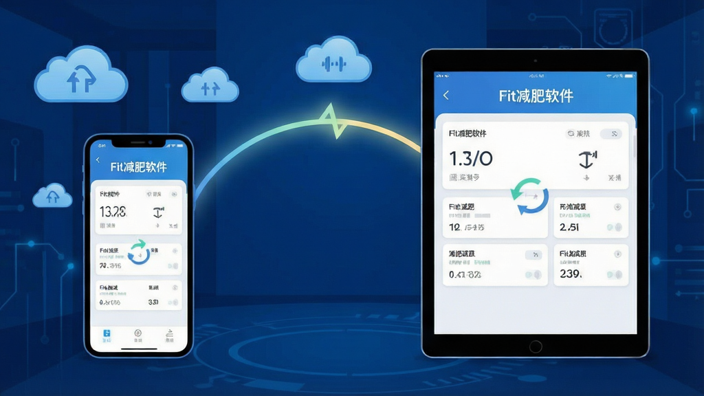 一幅展示Fit减肥软件数据云端同步概念的AI生图,画面左侧是一部手机,右侧是一台平板电脑,两块屏幕之间用一条发光的弧线连接,屏幕内均显示相同的Fit减肥软件数据面板,背景为深蓝色科技感空间,风格为现代扁平科技插画,排版左右对称,细节包括云朵图标、同步箭头和数据卡片,画质清晰干净,无多余元素,屏幕内可见“Fit减肥软件”字样