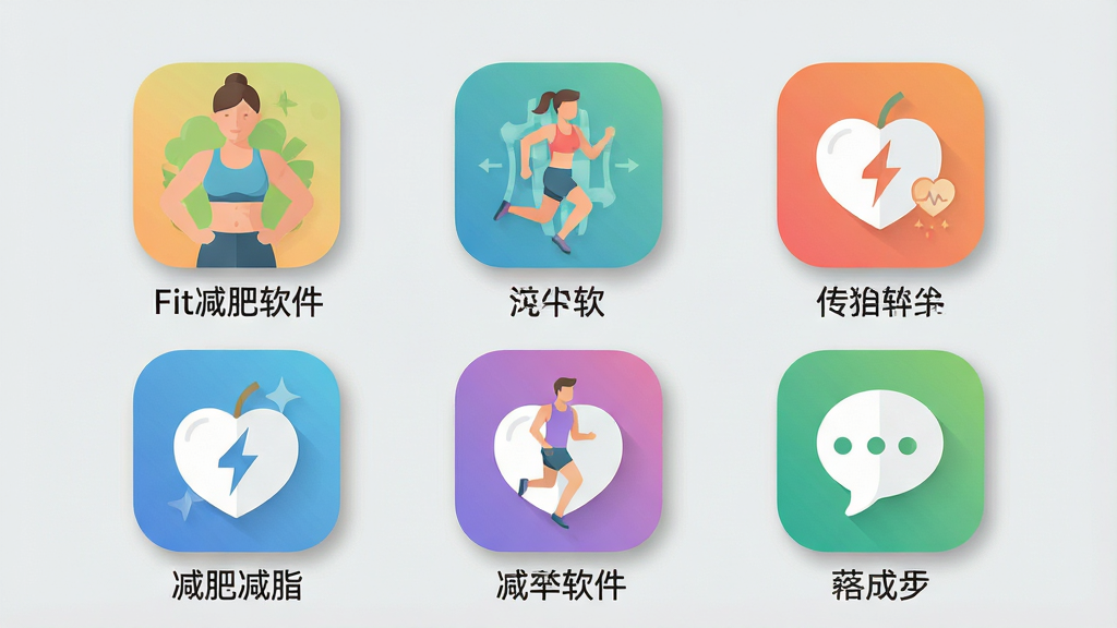 一幅展示多款健康减脂类应用图标的扁平化插画,画面中央排列着六个圆角矩形应用图标,每个图标下方有简短的软件名称标签,背景为浅灰色,风格为现代简约图标设计,排版两行三列整齐排列,细节包括图标阴影和柔和配色,画质干净清晰,无多余元素,其中第一个图标标注“Fit减肥软件”