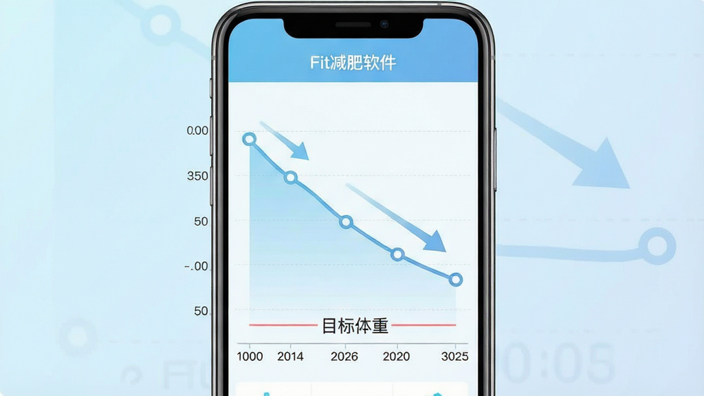 一幅展示Fit减肥软件体重趋势图功能的生图,画面中央为一部手机屏幕,屏幕内显示一条平滑下降的体重折线图,横轴为日期纵轴为体重数值,图表下方有目标体重标注线,背景为淡蓝色渐变,风格为清爽数据可视化界面,排版简洁,细节包括坐标轴刻度、数据点圆点和趋势箭头,画质干净,无多余元素,屏幕顶部显示“Fit减肥软件”