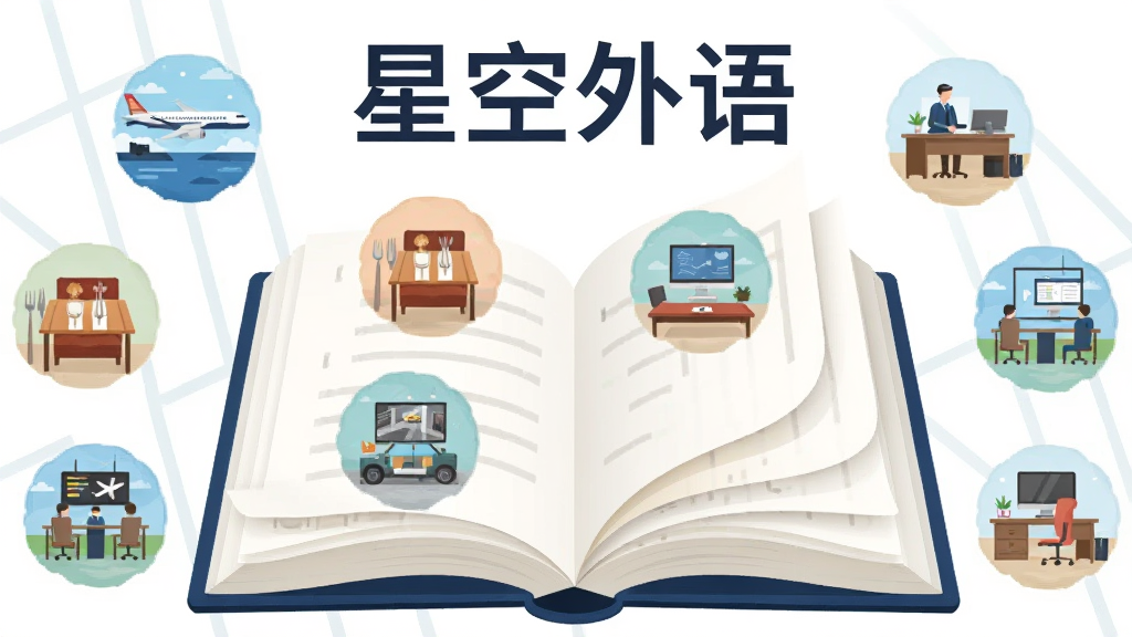 画面主体是一本打开的电子书,书页上浮现出机场、餐厅、办公室等场景的小图标,书的上方有“星空外语”四个字,布局为书本居中,场景图标环绕四周,风格为清新扁平插画,细节上书页有柔和翻页效果,画质高清,干净,无多余元素