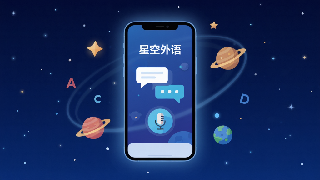 整体画面以深蓝色星空为背景,中央放置一部智能手机,手机屏幕上显示“星空外语”App的首页界面,界面中有英语对话气泡和麦克风图标,手机周围环绕着星星、行星和英语字母元素,布局采用居中构图,风格为科技感扁平插画,细节上手机屏幕有柔和光晕,画质高清,干净,无多余元素