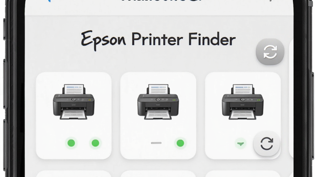 主体是手机屏幕特写显示“Epson Printer Finder”扫描结果列表,布局为上下结构上方标题下方设备卡片,排版居中对称,风格为现代UI界面写实,细节包括三台打印机图标、绿色在线状态点、灰色刷新按钮,画质高清干净无多余元素