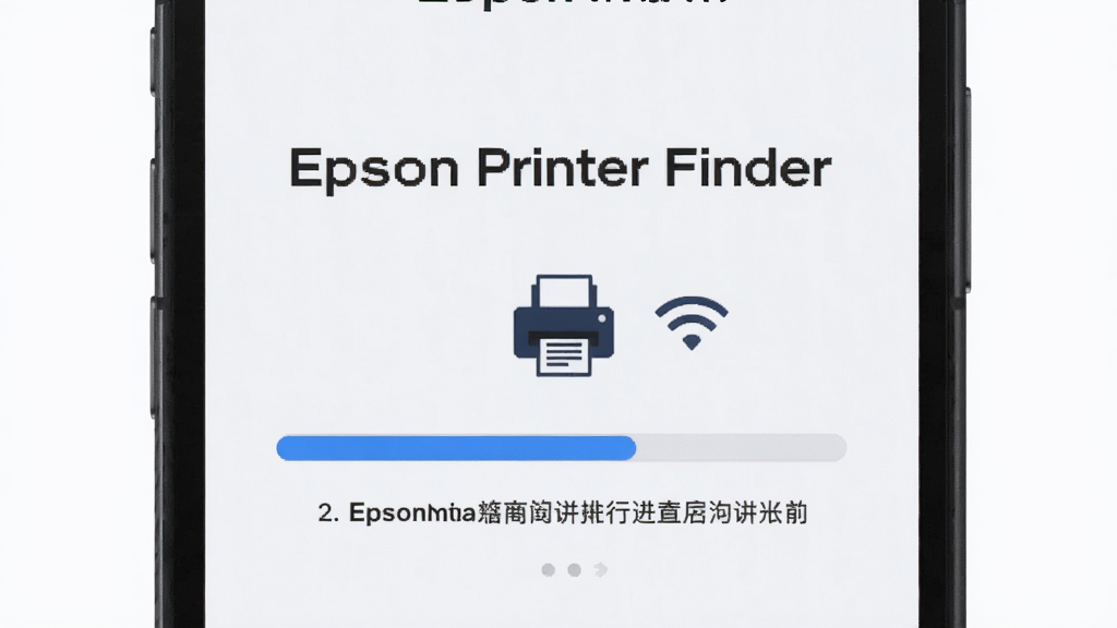 主体是手机屏幕显示“Epson Printer Finder”配网进度条,布局为上下结构上方标题下方进度条和文字说明,排版居中,风格为扁平化UI设计,细节包括蓝色进度条、打印机图标、WiFi信号图标、浅色背景,画质清晰干净无多余元素