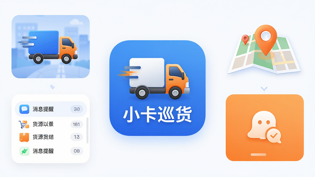 软件主界面展示,中央放置“小卡巡货”应用图标,周围环绕货车、地图定位、货源列表、消息提醒等元素,布局左右对称,排版清晰,风格现代简约,细节包含蓝色与橙色搭配,画质高清,干净,无多余元素