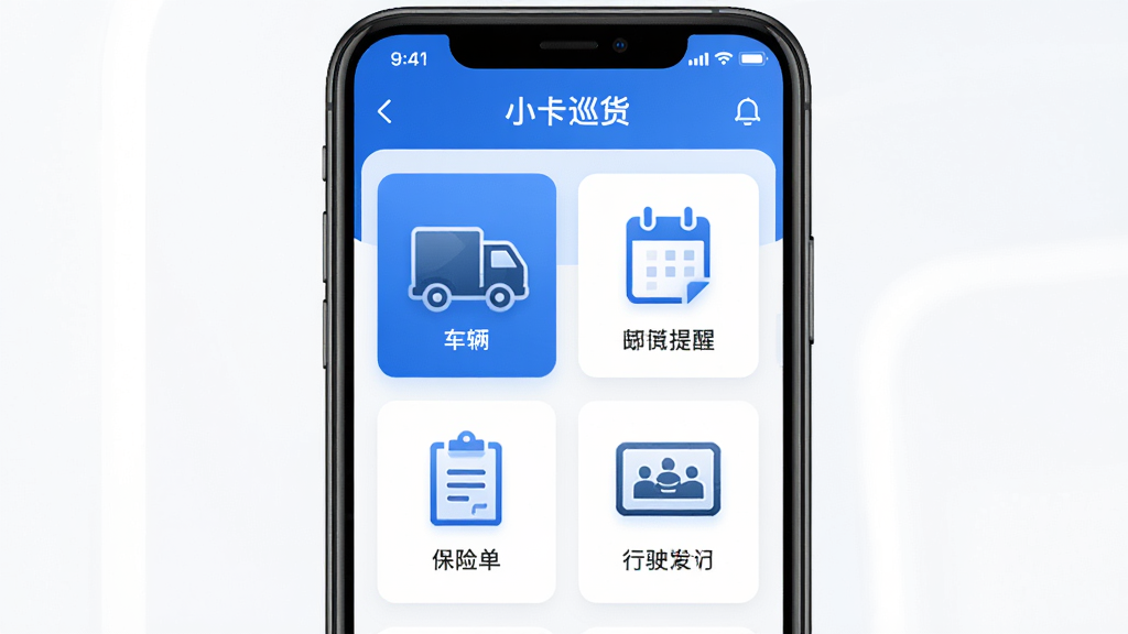 手机屏幕显示“小卡巡货”车辆管理页面,页面中有货车图标、日历提醒、保险单、行驶证等元素,布局居中,排版整齐,风格简洁科技感,细节包含蓝色主色调、卡片式设计,画质高清,干净,无多余元素