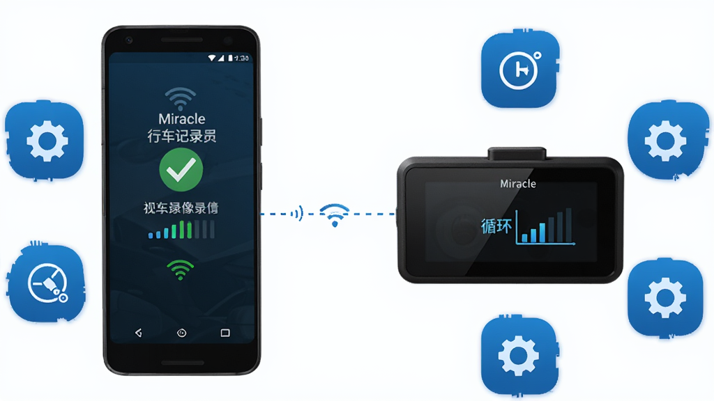 一部安卓手机与一台行车记录仪之间用虚线表示WiFi连接,手机屏幕显示Miracle行车记录仪已连接状态,周围环绕齿轮、分辨率、循环录像等设置图标,布局为环绕式构图,风格为科技蓝调,细节包括连接成功的对勾标识、信号强度条,画质清晰干净无多余元素