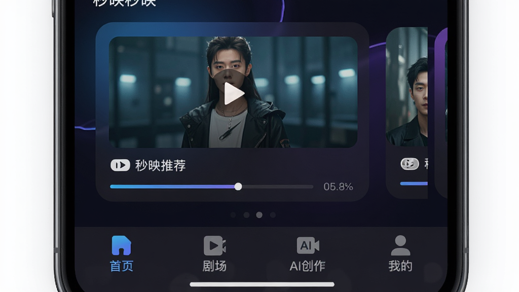 一张手机屏幕展示秒映软件主界面,画面中央是短剧推荐卡片,底部有首页、剧场、AI创作、我的四个导航按钮,整体采用深色背景搭配蓝紫色渐变点缀,界面干净整洁,风格现代简约,细节包括视频缩略图、播放按钮、进度条,画质清晰,无多余元素