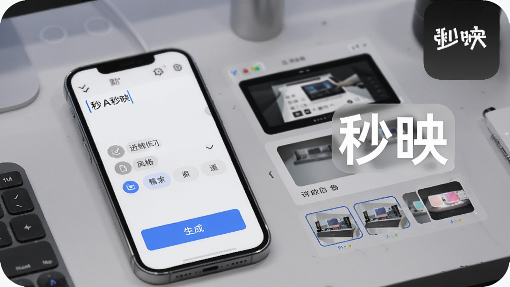 一张展示秒映AI创作功能的界面图,画面中手机屏幕显示文字输入框和风格选择标签,旁边有“秒映”软件名称标识,背景是简洁的工作台,风格科技感,细节包括生成按钮、预览窗口、滤镜缩略图,画质清晰,干净无多余元素