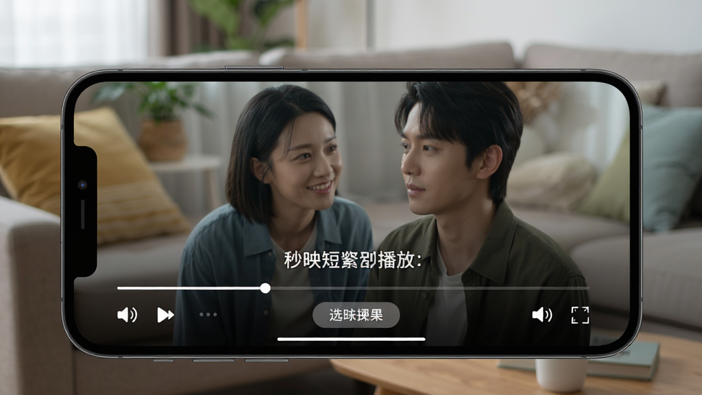 一张展示秒映短剧播放界面的图片,画面中手机横屏播放短剧,屏幕上有清晰的人物画面和字幕,下方有播放进度条和选集按钮,背景是客厅沙发场景,风格生活化,画质高清,细节包括音量图标、全屏按钮,干净无杂乱元素