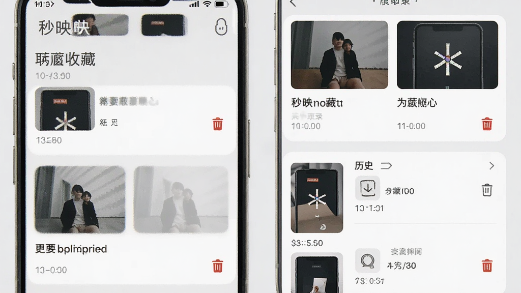 一张展示秒映收藏与历史记录界面的图片,画面中手机屏幕显示收藏列表和历史记录卡片,每张卡片有缩略图和标题,背景是浅灰色,风格简洁,细节包括时间标签、删除按钮,画质清晰,干净无多余元素