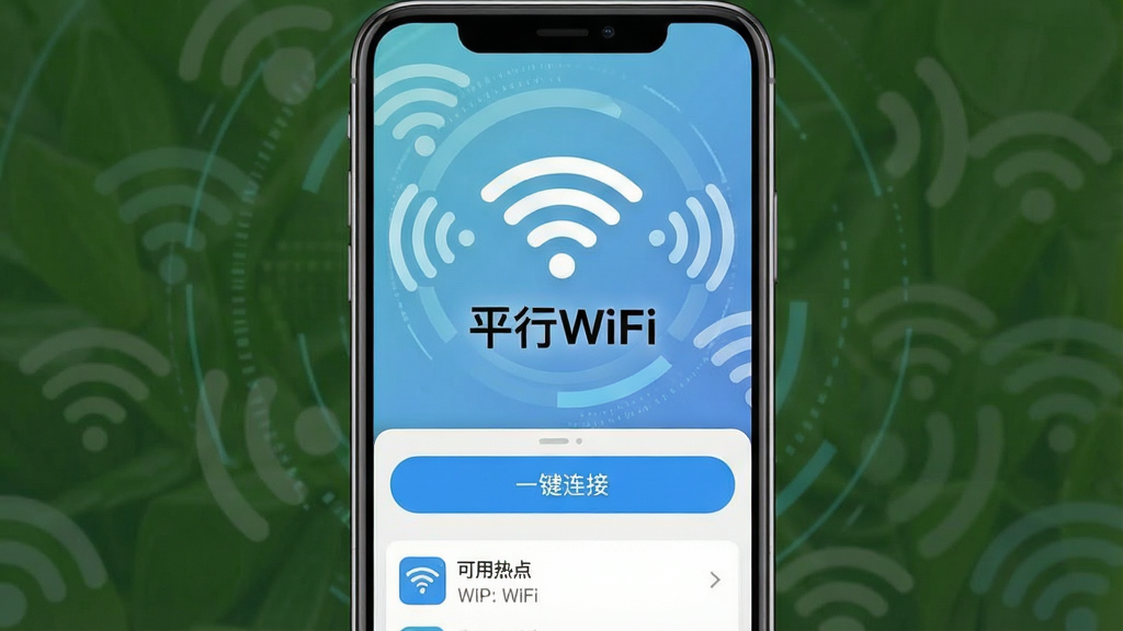 一张展示平行WiFi软件主界面的手机屏幕截图,画面中央是软件名称“平行WiFi”的醒目Logo,周围环绕着代表WiFi信号的波纹图标,背景是淡蓝色的渐变科技感风格,屏幕下方有“一键连接”按钮和可用热点列表,画面干净整洁,无多余元素,高清晰度,UI设计预览图