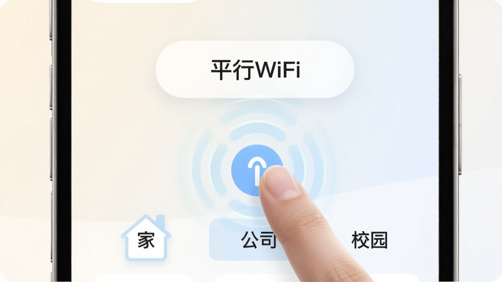 一张展示平行WiFi一键连接功能的界面示意图,画面主体是一个带有“平行WiFi”字样的极简风格按钮,按钮下方是几组带有“家”、“公司”、“校园”标签的WiFi名称,手指轻触按钮的瞬间有光效扩散,背景干净,配色柔和,重点突出便捷感