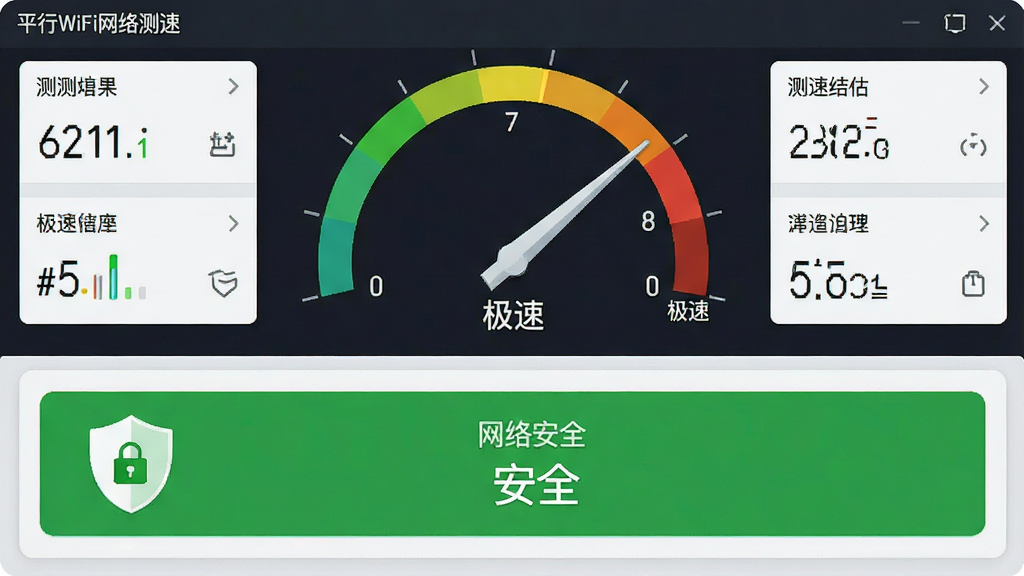 一张平行WiFi网络测速与安全检测功能的界面截图,屏幕上半部分显示仪表盘样式的测速结果,指针指向“极速”区域,下半部分是一个带有绿色盾牌图标的“网络安全”状态栏,显示“安全”字样,整体风格简洁专业,数据可视化清晰