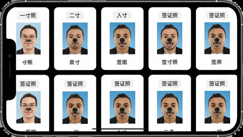 小熊电子证件照规格模板选择界面,主体为手机屏幕展示多种证件照模板卡片,布局为网格状排列,风格为清新简约风,细节包含一寸照、二寸照、签证照等文字标签和缩略预览图,画质高清,干净无多余元素