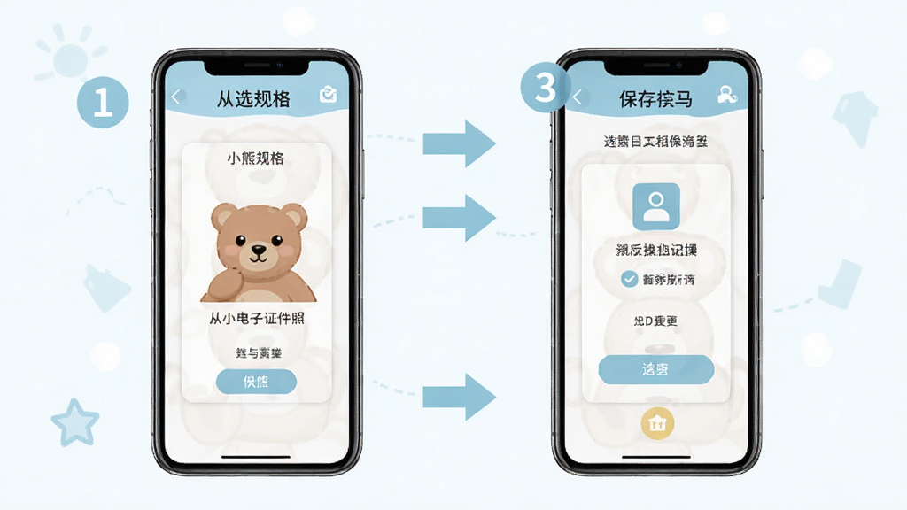 小熊电子证件照新手操作流程示意图,主体为手机屏幕展示从选规格到保存的四个步骤界面,布局为纵向流程图排列,风格为清新教学风,细节包含步骤编号、操作箭头和文字说明,画质高清,干净无多余元素