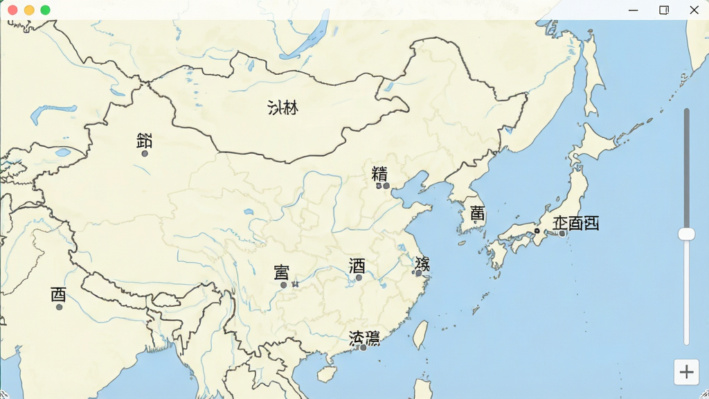 一张中文世界地图软件界面截图,画面展示亚洲区域放大后的效果,中国、日本、韩国等国家名称和主要城市均以中文清晰标注,地图背景为浅色系,标注文字为深灰色,界面右侧有缩放滑块,整体风格干净整洁,画质高清,无多余装饰元素