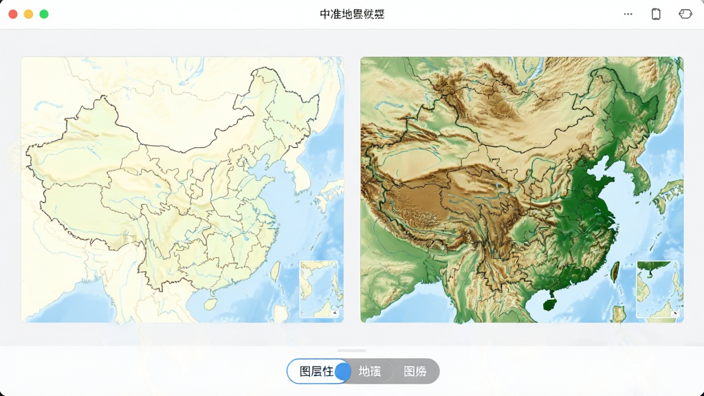 一张中文世界地图软件的多图层切换界面,画面同时展示标准地图和地形图两个缩略预览,标准地图以浅色为主,地形图以绿色和棕色显示山脉与平原,界面底部有图层切换按钮,整体排版整齐,风格简约现代,画质高清,干净无多余元素