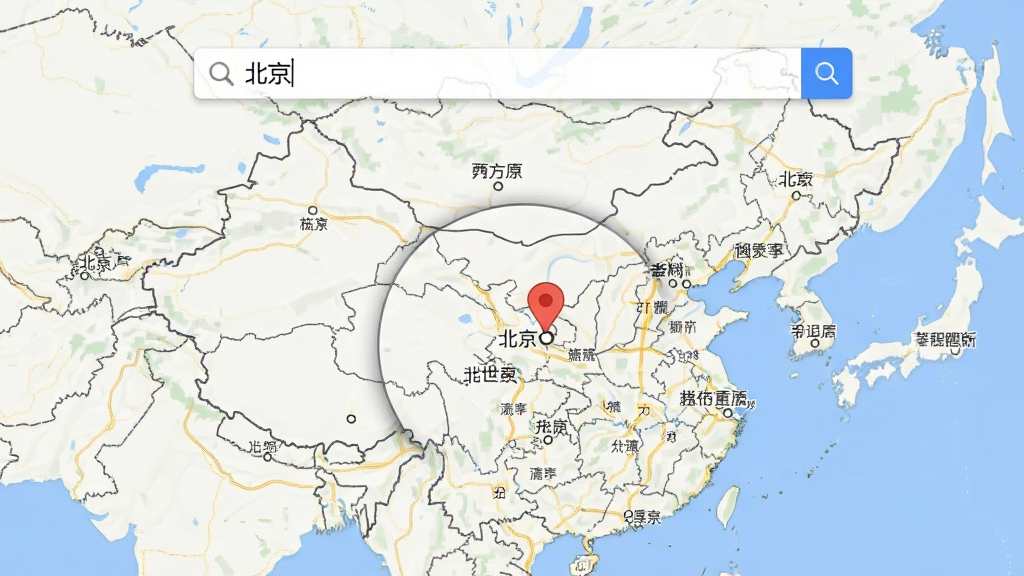 一张中文世界地图软件的搜索功能界面,画面顶部搜索框内显示“北京”字样,地图上北京位置有一个红色定位标记,地图自动放大到中国区域,周围城市名称以中文标注,界面简洁,风格清爽,画质高清,无多余元素